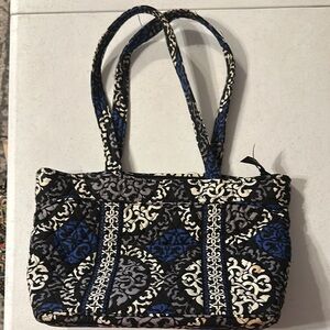 Blue and Black Shoulder Bag with Geometric Design and Sturdy Handles